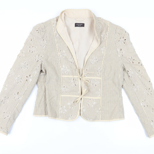 Principles Women's Beige Striped Embroidered Jacket - Size 14