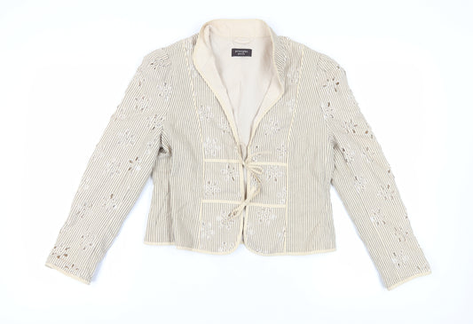 Principles Women's Beige Striped Embroidered Jacket - Size 14