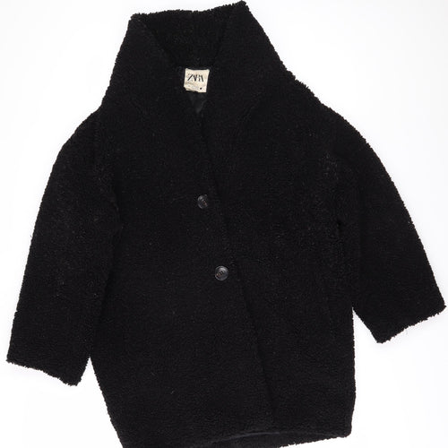 Zara Women Black Mid-Length Fleece Overcoat Size 8