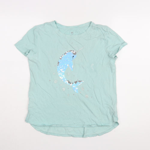 GAP Girls Blue Sequin Graphic T-Shirt XL, Round Neck Casual