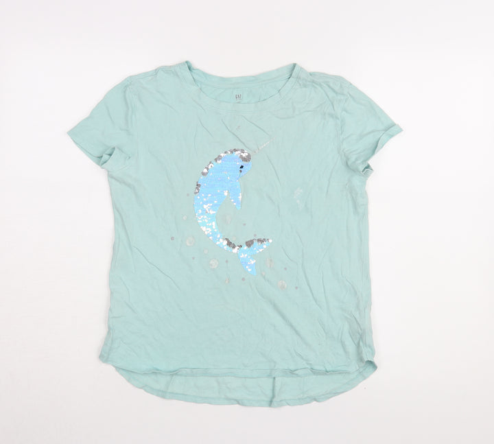 GAP Girls Blue Sequin Graphic T-Shirt XL, Round Neck Casual