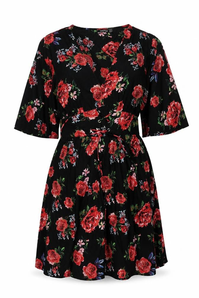 Boohoo Women's Black Floral Wrap Dress Size 10