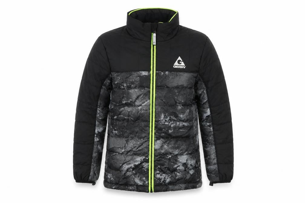 Front view of Gerry boys’ black puffer jacket s hooded winter coat