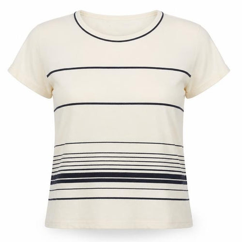 Maine New England Women Beige Striped T-Shirt, Size 8, Casual