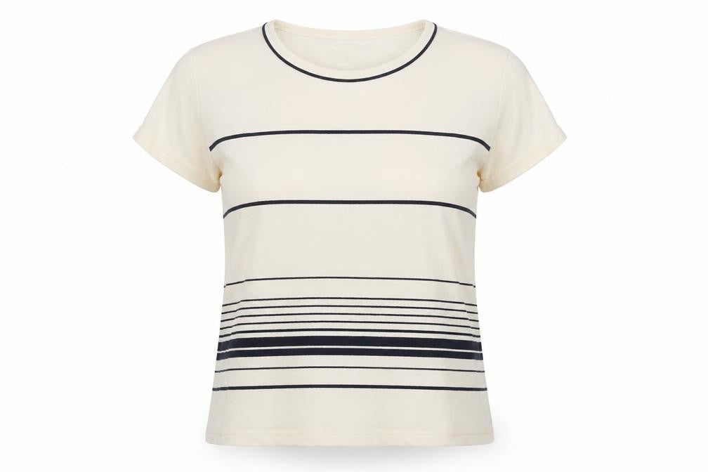 Maine New England Women Beige Striped T-Shirt, Size 8, Casual