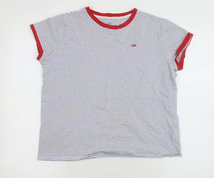 Lee Unisex White Striped Ringer T-Shirt L Casual