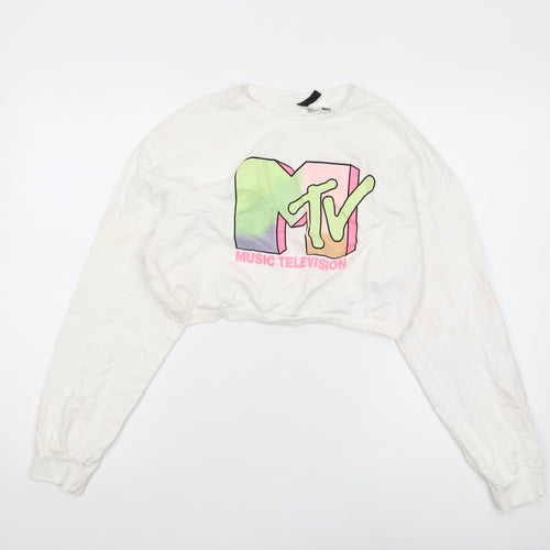 H&M Women's White M MTV Sweatshirt Logo Crew Neck