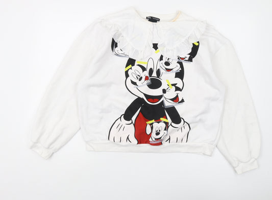 Front view of Zara Women’s White Disney Sweatshirt S Ruffle Accents