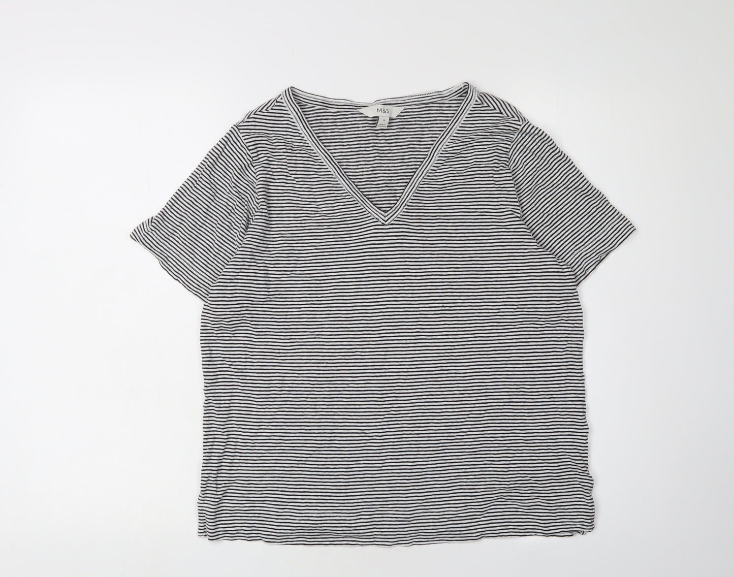 Marks and Spencer Women's Black Striped V-Neck T-Shirt Size 14