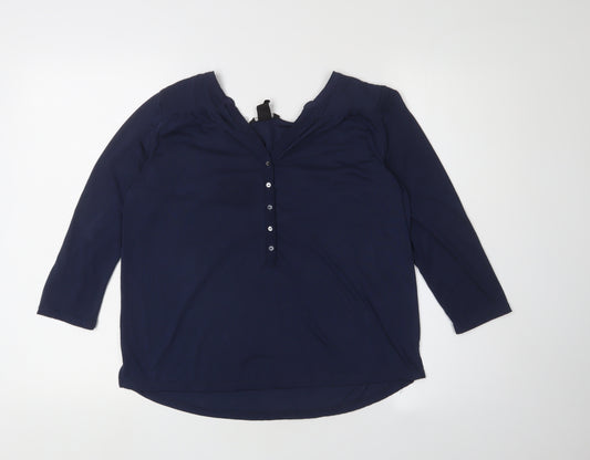 H&M Women's Blue Henley Blouse, Size 12, 3/4 Sleeve