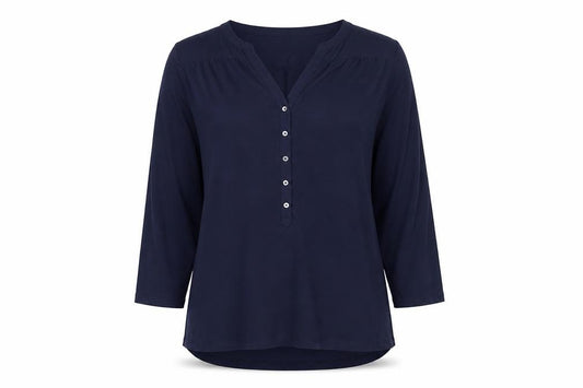 Front view of H&M Women's Blue Henley Blouse, size 12, 3/4 Sleeve