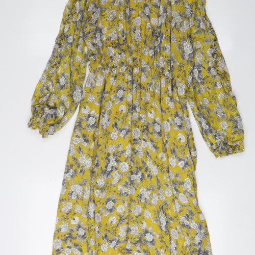 Zara Women's Yellow Floral A-Line Midi Dress Size 12