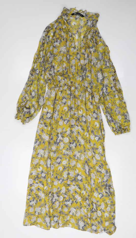 Zara Women's Yellow Floral A-Line Midi Dress Size 12