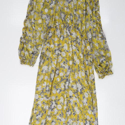 Zara Women's Yellow Floral A-Line Midi Dress Size 12