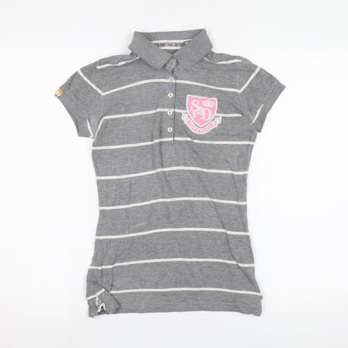 Superdry Women's Grey Striped Polo Shirt Size S