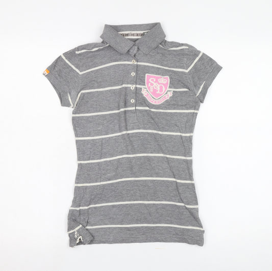 Superdry Women's Grey Striped Polo Shirt Size S