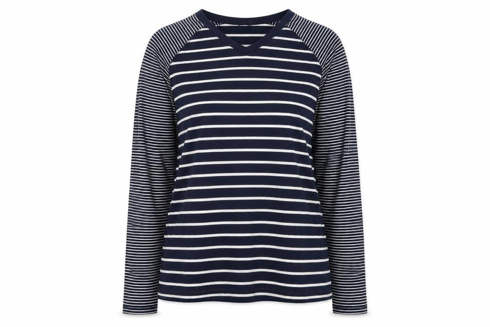 Cotton Traders Unisex Blue Striped XL V-Neck T-Shirt