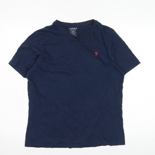 Farah Men's Blue Crew Neck T-Shirt, Size M, Solid, Logo Accent