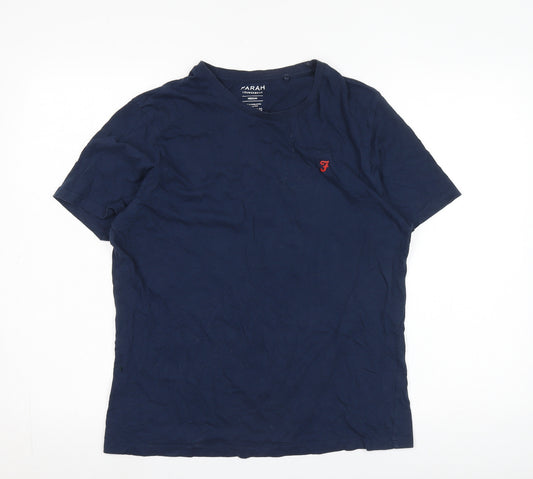 Farah Men's Blue Crew Neck T-Shirt, Size M, Solid, Logo Accent