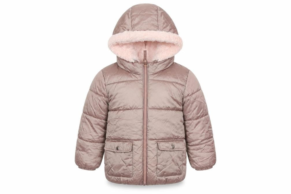 Front view of Next girls’ brown puffer jacket, size 18, hooded winter coat