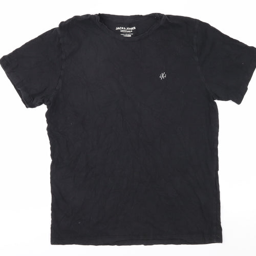 Jack & Jones Men's Black Cotton T-Shirt, L, Crew Neck