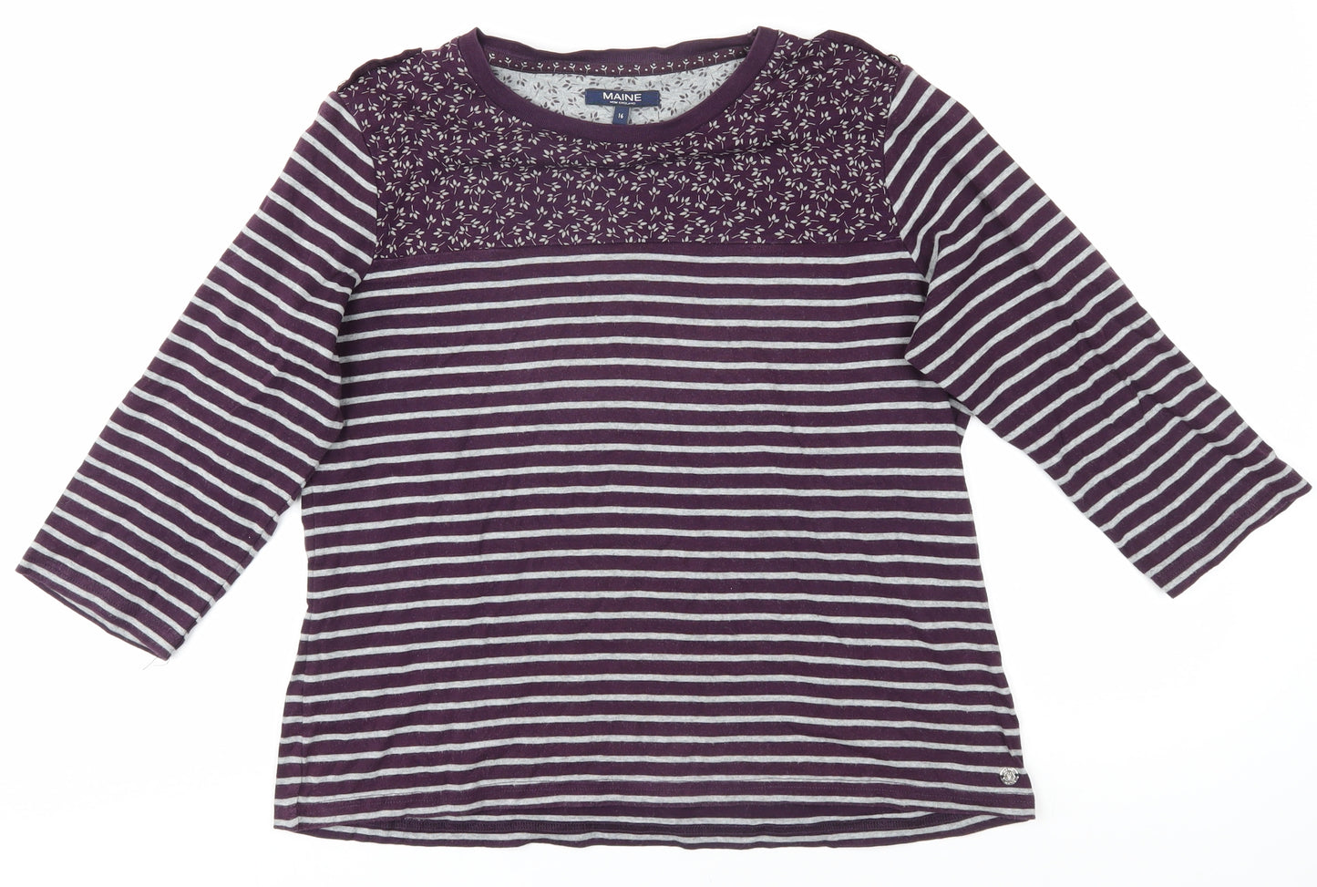 Maine Women's Purple Striped 3/4 Sleeve T-Shirt - Size 16