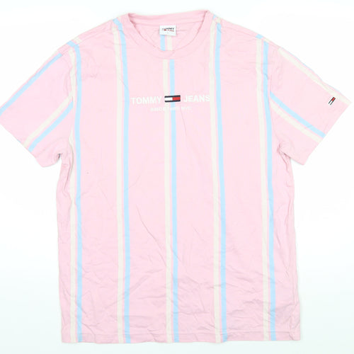 Tommy Jeans Men's Pink Striped Cotton T-Shirt Size L