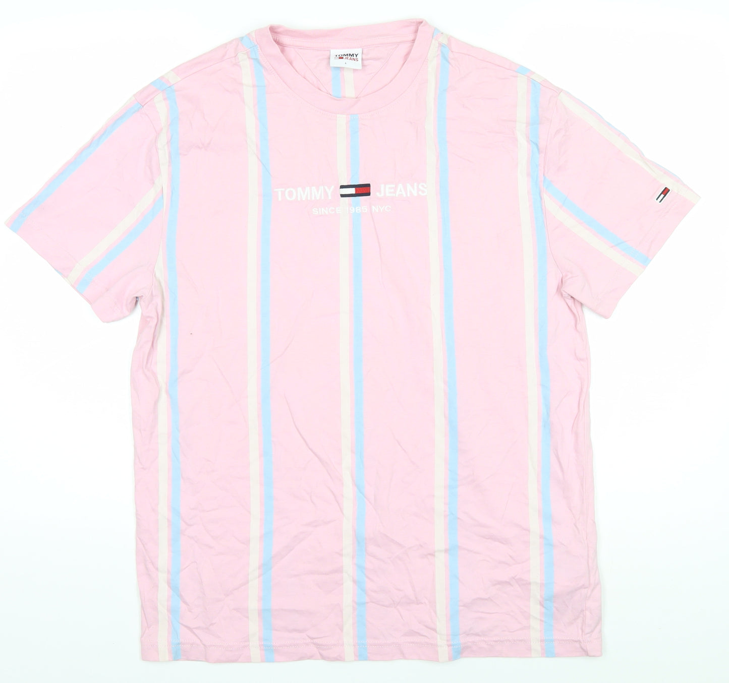 Tommy Jeans Men's Pink Striped Cotton T-Shirt Size L