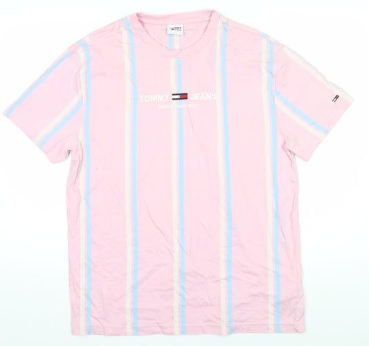 Tommy Jeans Men's Pink Striped Cotton T-Shirt Size L