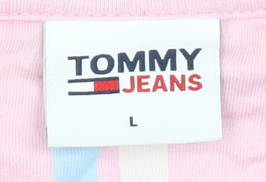 Tommy Jeans Men's Pink Striped Cotton T-Shirt Size L