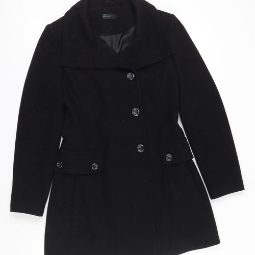 Benetton Women's Black Wool Coat, Size 8, Mid-Length Classic