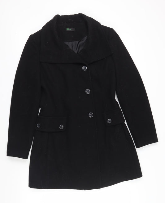 Benetton Women's Black Wool Coat, Size 8, Mid-Length Classic