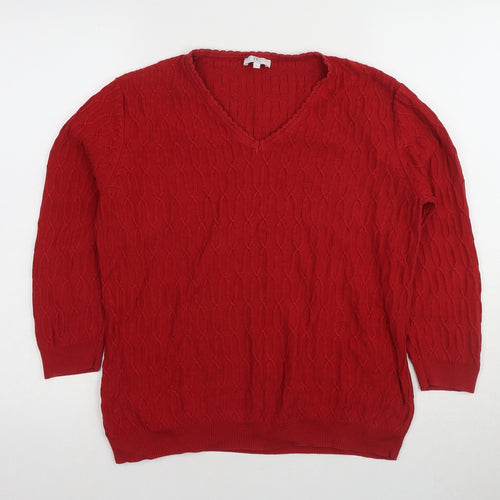 CC Women's Red V-Neck Cable-Knit Jumper L