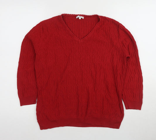 CC Women's Red V-Neck Cable-Knit Jumper L