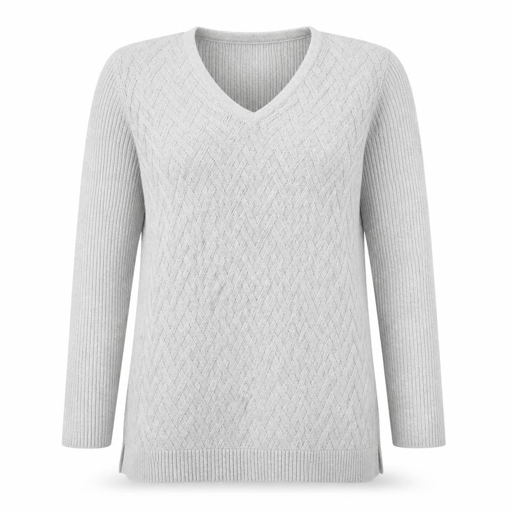 Front view of Lands End Grey Cotton V-Neck Women's Jumper, M