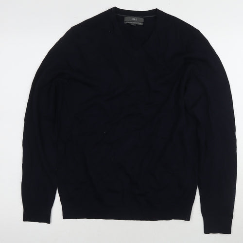 Marks and Spencer Men's Black Wool V-Neck Jumper - Size M