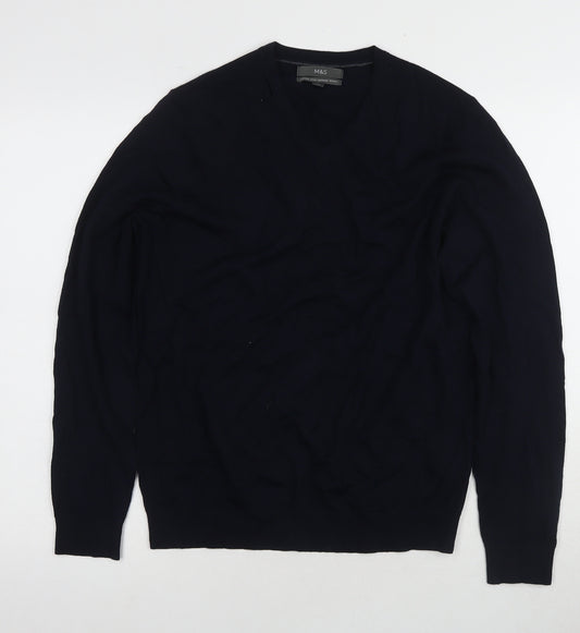 Marks and Spencer Men's Black Wool V-Neck Jumper - Size M