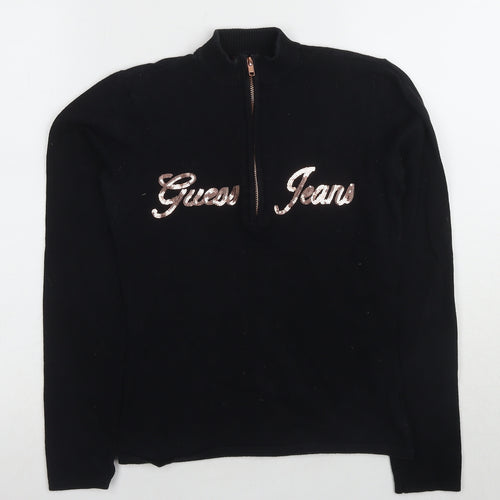 Guess Women's Black Sequin Logo Jumper M - Modern Knit Style