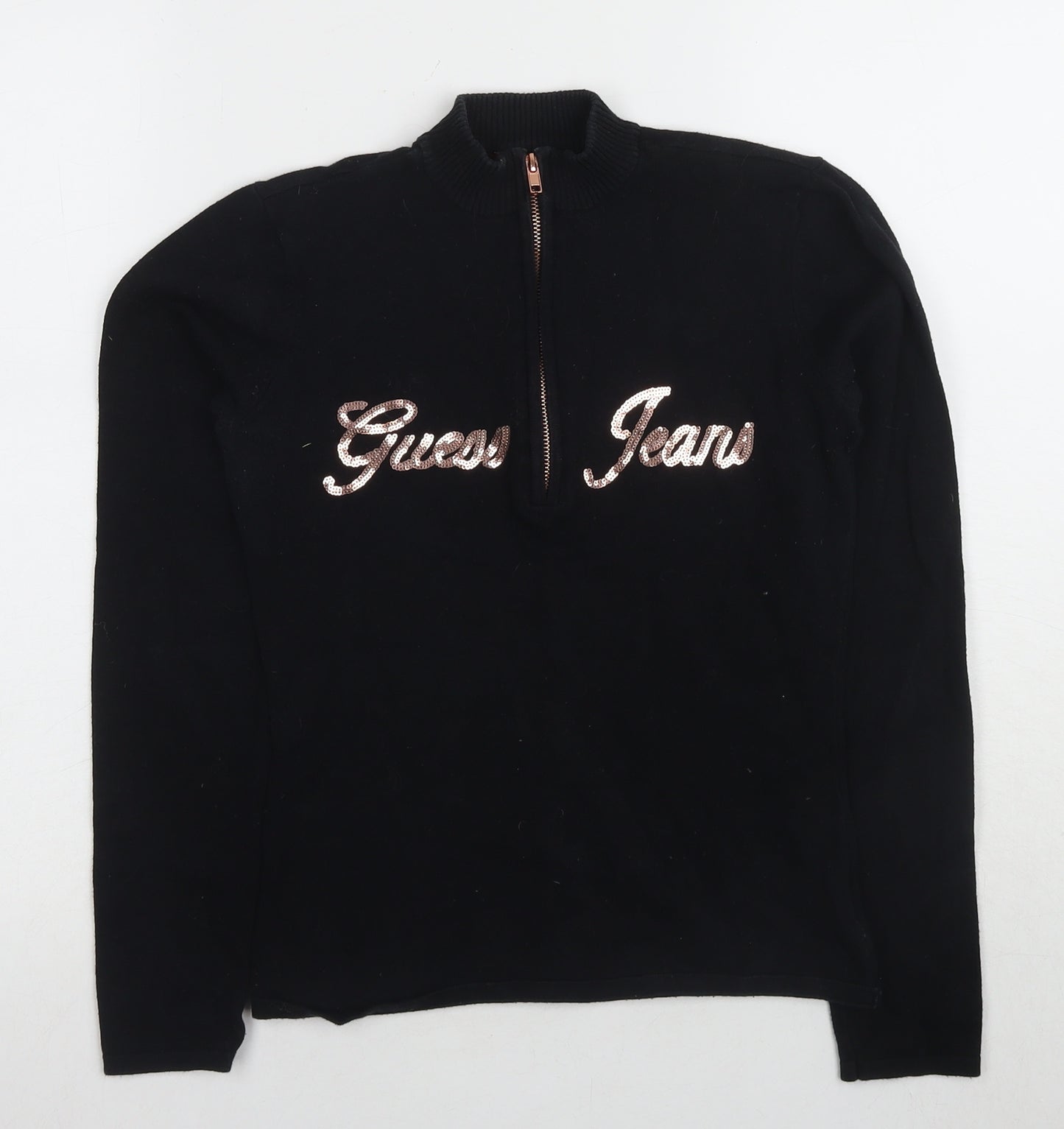 Guess Women's Black Sequin Logo Jumper M - Modern Knit Style