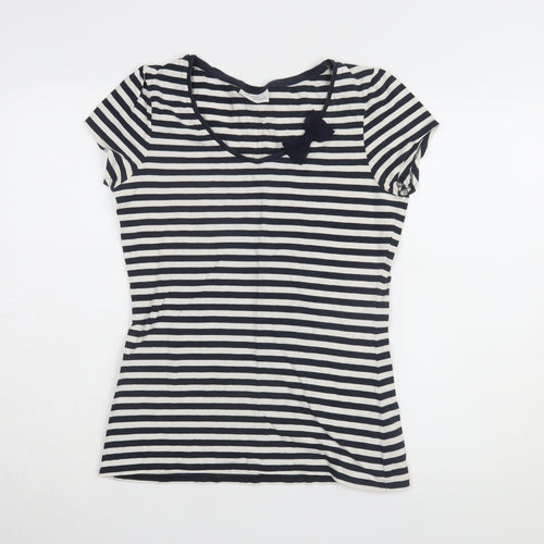 Next Women's Black Striped T-Shirt, UK 12, Casual Scoop Neck