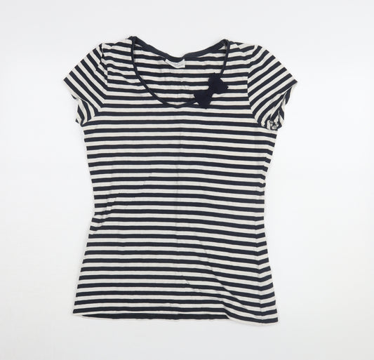 Next Women's Black Striped T-Shirt, UK 12, Casual Scoop Neck