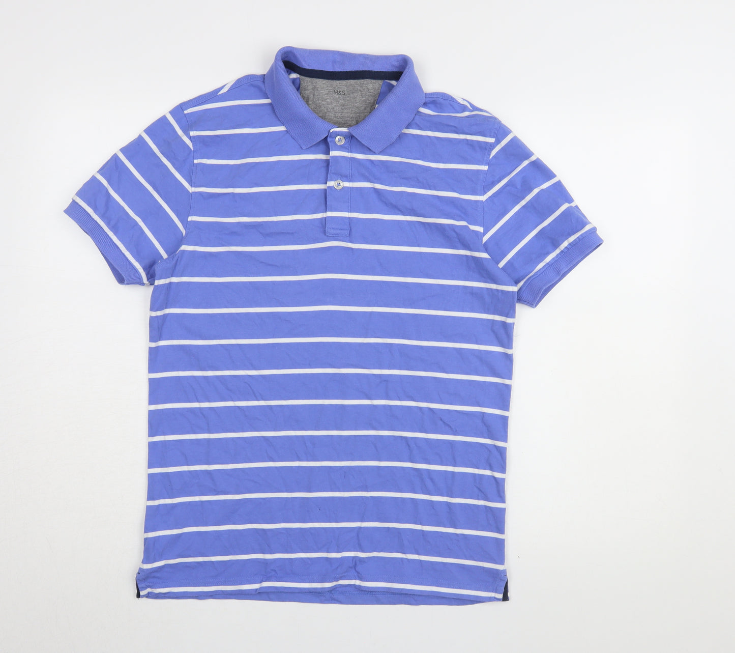 Marks and Spencer Men's Blue Striped Polo - Size S