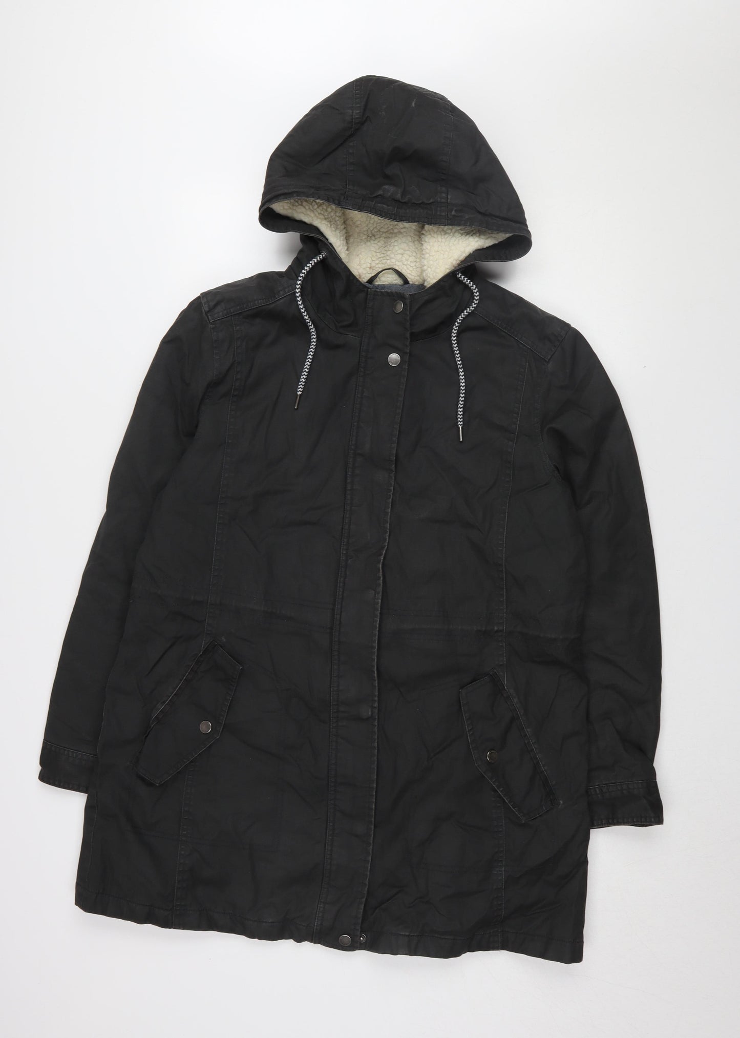 White Stuff Women's Black Parka Coat with Hood, Size 12