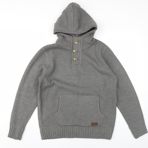 Firetrap Men's Grey Henley Hoodie Size M with Button Accents