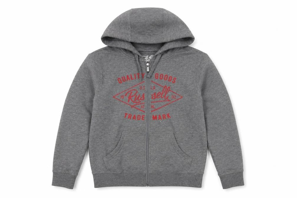 Front view of Russell Athletic boys’ grey full zip hoodie 10 years