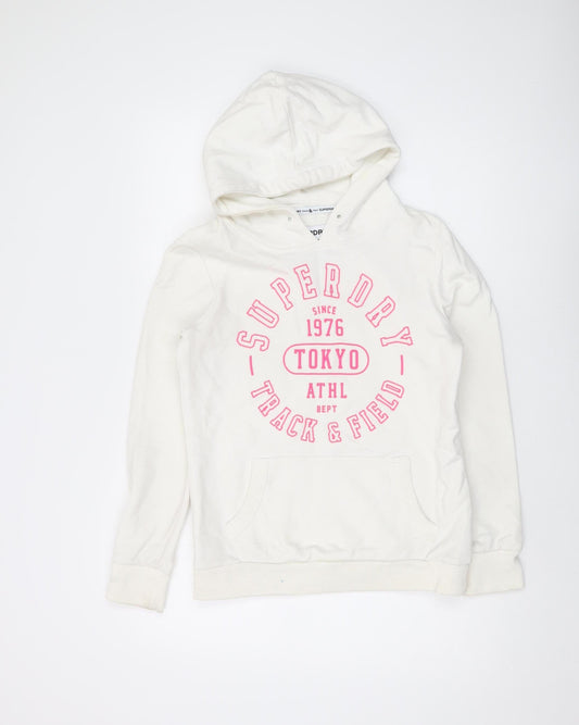 Superdry Women's White Hoodie Size 10 Pullover Graphic