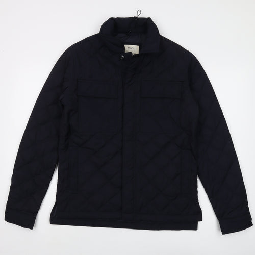 M&S Men's Navy Quilted Jacket, Size S, Casual Stand-Up Collar