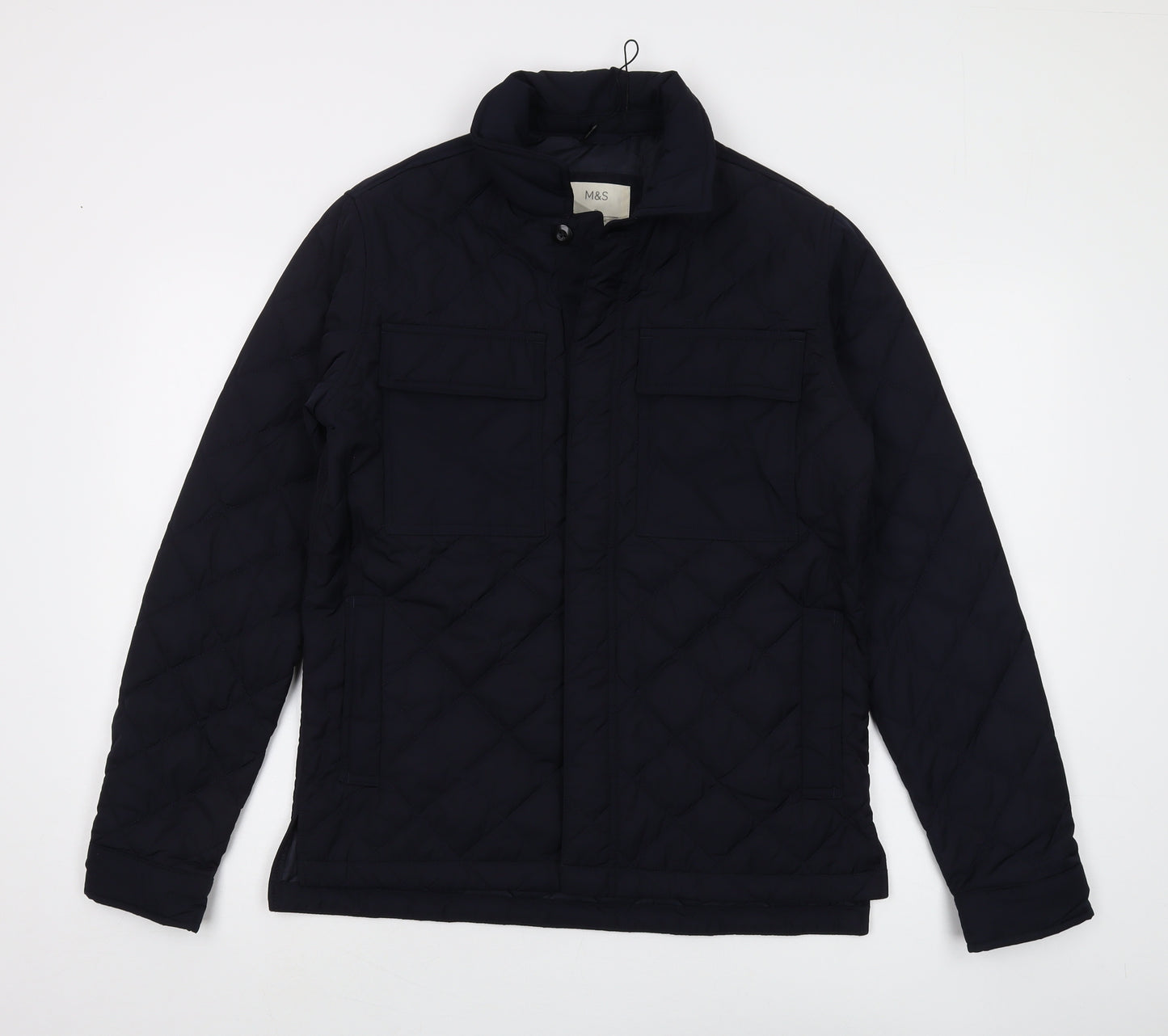 M&S Men's Navy Quilted Jacket, Size S, Casual Stand-Up Collar