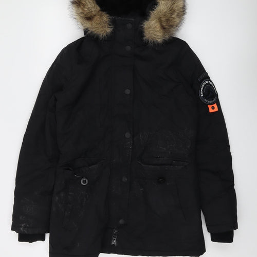 Superdry Women's Black Parka Coat Size 10 - Hooded, Fur Trim