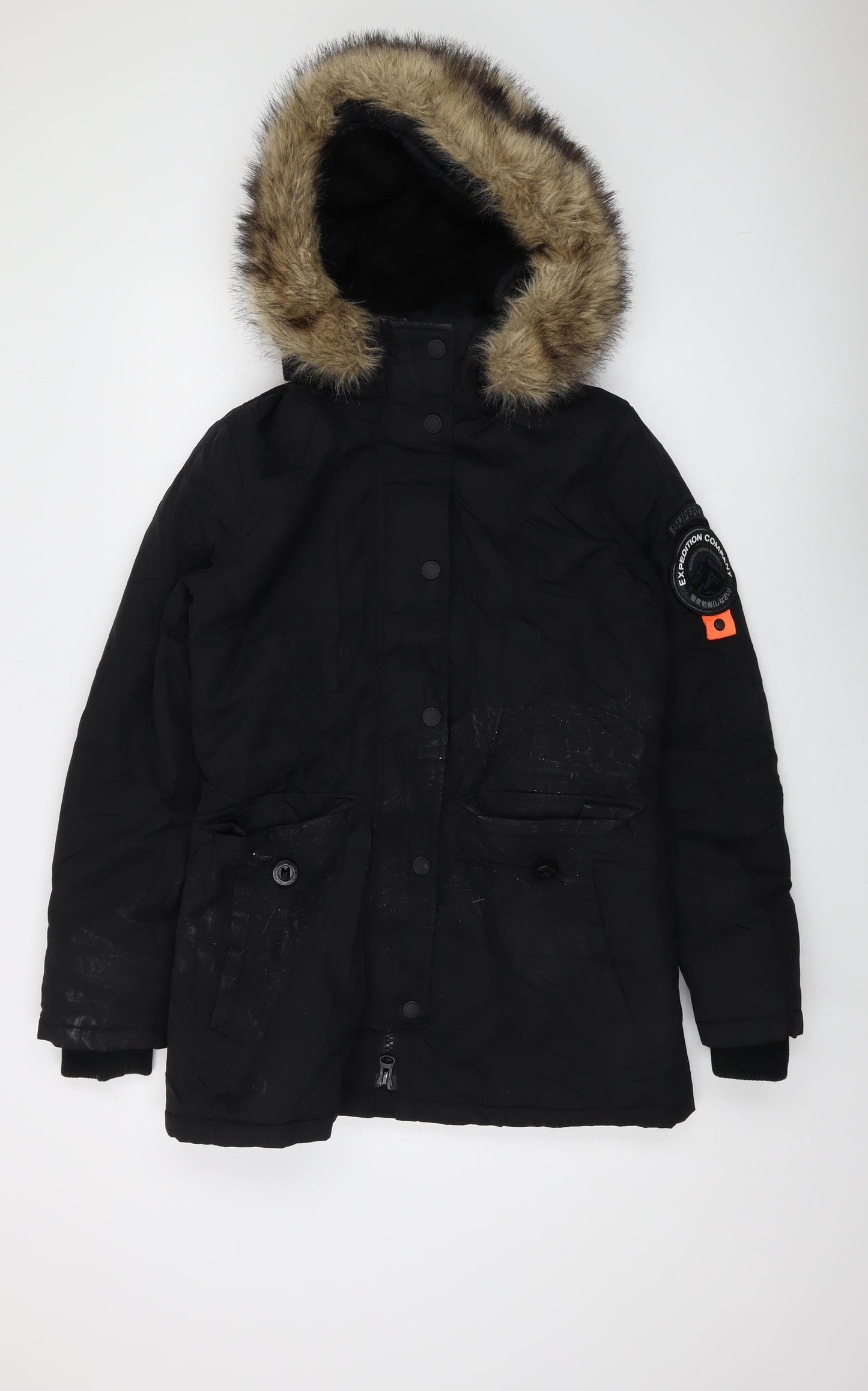 Superdry Women's Black Parka Coat Size 10 - Hooded, Fur Trim